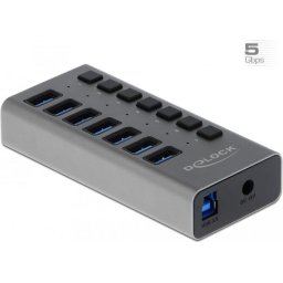 USB хъб Delock 7 x USB-A, 1 x USB-B, 5 Gbps, Превключвател, LED индикатор, Сив
