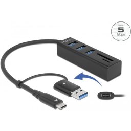 USB хъб Delock 63859, 3.2 Gen 1, 3 x USB-A, SD и MicroSD четец на карти, USB-C, USB-A конектор, Черен