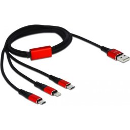 Кабел за зареждане Delock 3 в 1, USB - Lightning/ Micro USB/ USB-C, 1м, Черен/Червен