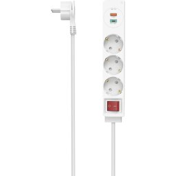 HAMA Разклонител USB-C/USB-A 3.4A, 3 гнезда, 2x USB, PD/Quick charge, макс 18W,1.4м, 3680W, бял