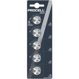 Бутонна батерия DURACELL PROCELL CR2032, 3V, 5 бр. в блистер, Литиева, цена за 1 батерия