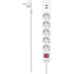 Разклонител HAMA USB-C/USB-A 3.4A, 5 гнезда, 2x USB,PD/Quick charge, макс 18W,1.4м, 3680W, бял