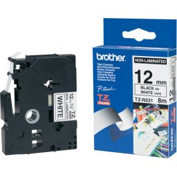 BROTHER TZEN231 12mm BLACK ON WHITE ADHESIVE TAPE NON LAMINATED