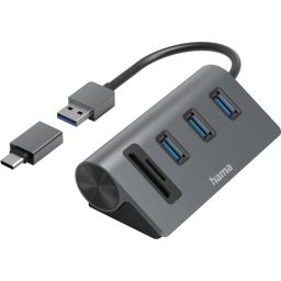 HAMA USB хъб/четец на карти, 5 порта, 3x USB-A, SD, microSD, вкл. USB-C адаптер