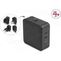 Delock Зарядно устройство GaN, 2 x USB-C, PD 65 W, адаптер за EU / US / UK