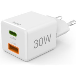 HAMA Бързо мини Gan зарядно, 30 W, 1x USB-C, 1x USB-A, PD, бял