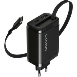 CANYON charger OnCharge 65RC Build-In Cable USB-C 65W 1xPD 1xQC EU Black