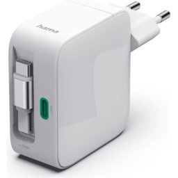HAMA Бързо зарядно, 30 W, GaN, 2x USB-C, с разтегателен кабел 0.7м, бял