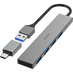 HAMA USB хъб, 4 порта, USB 3.2 Gen 1, 5 Gbit/s, ултратънък, вкл. USB-C адаптер
