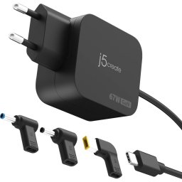 Зарядно j5create JUP1565DCE3A - 67W GaN PD USB-C Mini Charger с 3 вида конектори
