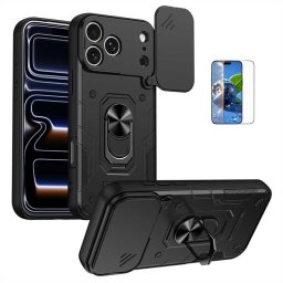 Хибриден гръб с кръгла стойка и слайдър за камера за iPhone 17 Pro - черен