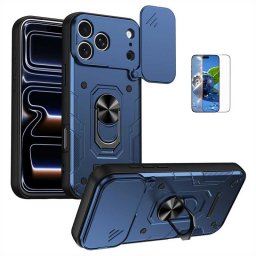 Хибриден гръб с кръгла стойка и слайдър за камера за iPhone 17 Pro - тъмно син