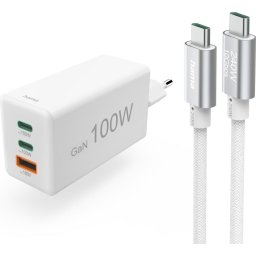 HAMA Комплект Бързо зарядно и кабел за зареждане, 100 W GaN, 2x USB-C PD, 1x USB-A QC