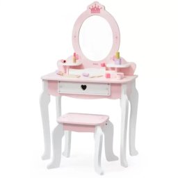 Дървена тоалетка за принцеси с табуретка VIGA Toys – детска гримьорна с огледало и аксесоари...