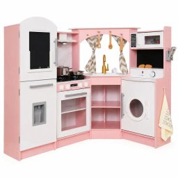 Голяма Детска Дървена Кухня GINGER HOME, Ъглова с Мивка с Течаща Вода, Звук и Светлина, Хладилник...