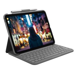 Калъф за таблет Logitech Slim Folio, до 10.9" (27.68cm), за Apple iPad Pro (10th Gen), клавиатура, Bluetooth, сив