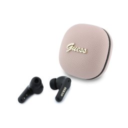 Bluetooth слушалки Guess TWS ENC Grained PU Square Script Metal - Розови