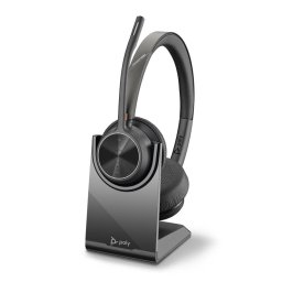 Конферентни слушалки Poly Voyager 4320 UC, жични/безжични, Bluetooth, USB, шумопотискащ микрофон, време на работа до 24 часа, UC сертифицирани, зарядна стойка, черни