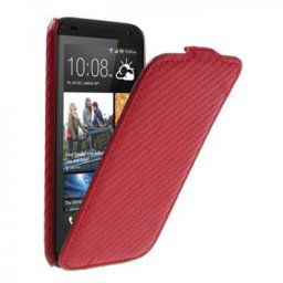 Кожен калъф от тип "карбон" с вертикално отваряне за HTC Desire 601 Zara - червен