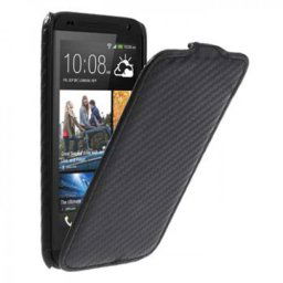Кожен калъф от тип "карбон" с вертикално отваряне за HTC Desire 601 Zara - черен