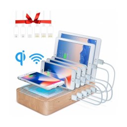 Мултифункционално USB зарядно устройство с Безжично зареждане, 5 USB, QI зареждане, GSM поставка