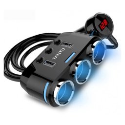 Разклонител за запалка Yantu B39, 3 гнезда, 2 USB, Волтметър, Бутони за изключване