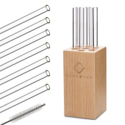 Klarstein Glaswerk Frezzeria, стъклени сламки, 7 броя, 0,8 х 15 см (Ø х В), дървен държач, четка (-)