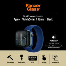 Стъклен протектор за часовник със силиконова рамка PanzerGlass за Apple watch Series 8 /Series 7, 45mm, AntiBacteria - Черна рамка