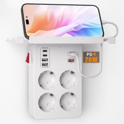 Мултифункционален Контакт Разклонител 4 Гнезда Зарядна Станция с 6 USB Портове и Рафт