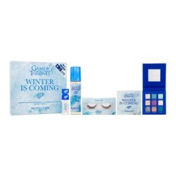Makeup Revolution London X Game Of Thrones подаръчен комплект: палитра сенки за очи Game Of Thrones 7,2 g + фиксиращ спрей Game Of Thrones 100 ml + изкуствени мигли Game Of Thrones 1 чифт + блясък за устни Game Of Thrones Shimmer Bomb Lip Gloss 5 ml Winte