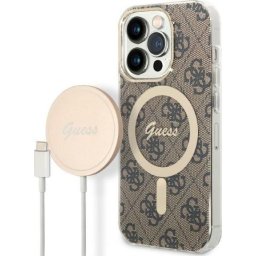 Гръб Guess 4G MagSafe Compatible Case + Зарядно Wireless Charger за iPhone 14 Prо - Кафяв