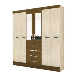 GUARDA-ROUPA CASAL ESPELHADO 6 PORTAS 4 GAVETAS AVELA C/ CASTANHO - 2.04M