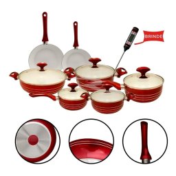 JOGO DE PANELAS ESMALTADAS 7 PECAS REVESTIMENTO EM CERAMICA + 02 COLHERES - RED