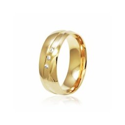 Aliança Folheada a Ouro Anatômica 7mm com Frizo Ondulado e 3 Pedras de Zircônia 1.75mm