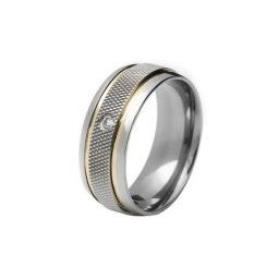 Aliança em aço inox anatômica 8mm c/ 2 filetes em ouro, 1 recartilho no centro e pedra de zircônia de 3mm