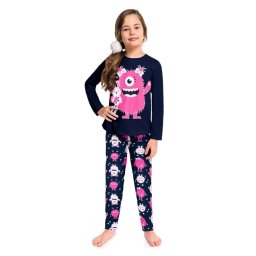 Pijama feminino Infantil Juvenil Monstrinhos Marinho e Pink que Brilha no Escuro em Moletom Flanelado 207529