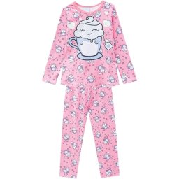 Pijama Feminino Infantil Kyly Manga Longa com Calça Rosa Xicara Divertida em Algodão que brilha no escuro 207534
