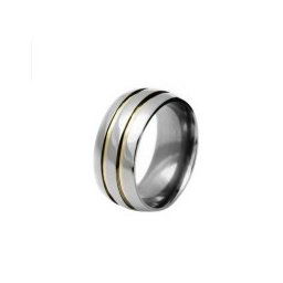 Aliança em aço inox anatômica 8mm c/ 2 filetes em ouro