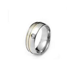 Aliança em aço inox anatômica 7mm com 2 filetes em ouro na lateral e pedra de zircônia de 2mm