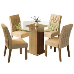 MESA DE SALA DE JANTAR C/ TAMPO DE VIDRO REDONDO 4 CADEIRAS
