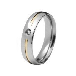 Aliança em aço inox anatômica 5mm, c/ 1 filete em ouro e pedra de zircônia de 2mm