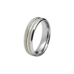 Aliança em aço inox anatômica 6mm c/ 1 filete central em ouro e 2 recartilhos nas laterais