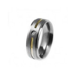Aliança em aço inox reta 6mm com rebaixo e um filete em ouro e uma zircônia de 2mm