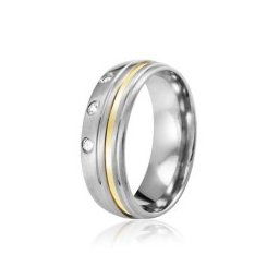 Aliança em Aço Inox Anatômica 7mm Fosca com Fio Lateral e 3 Pedras de Zircônia de 2 mm