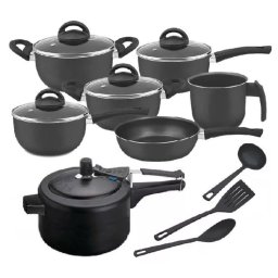 JOGO DE PANELAS TEFLON 10 PC C/ TAMPA VIDRO E PANELA DE PRESSAO