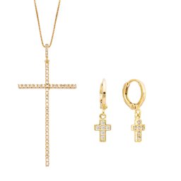 Conjunto de Colar e Brincos com Pingentes de Cruz Cravejados | VUOTO + CRUCE