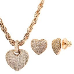 Conjunto de Colar e Brincos de Coração Cravejado com Cordão Baiano | CUPIDO