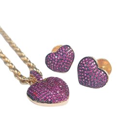 Conjunto de Colar e Brincos de Coração Cravejado Colorido com Cordão Baiano | CUPIDO