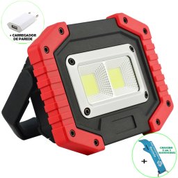 Refletor LED 30W Portátil Recarregável LED COB IP65 Vermelho + Chaveiro CBRN16488