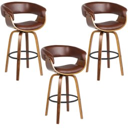 Kit 3 Banquetas Giratória Alta com Encosto Base Madeira Ravi R02 Sintético Marrom - Mpozenato